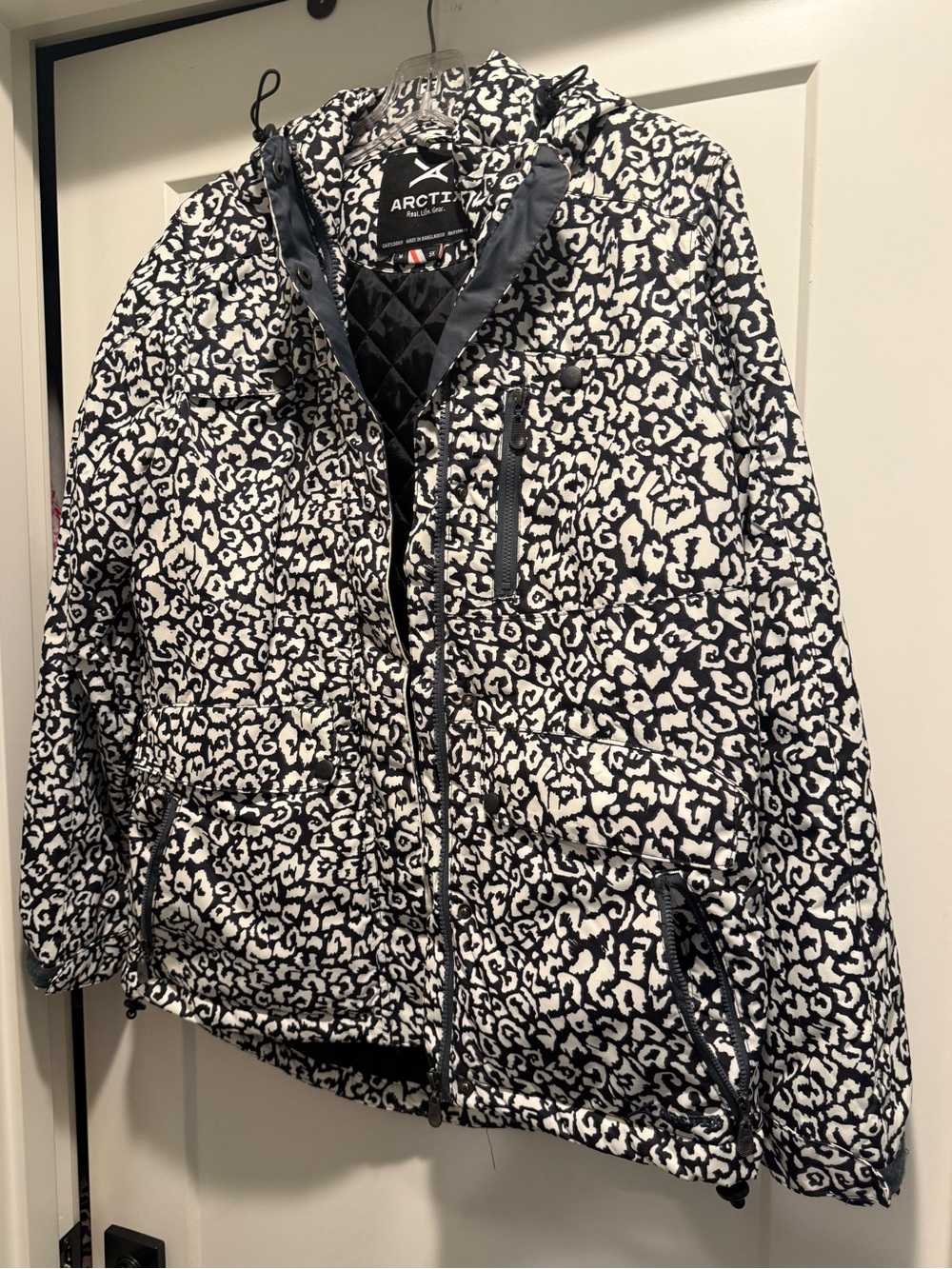 Arctix Black and White Leopard-Print Hooded Puffer Jacket